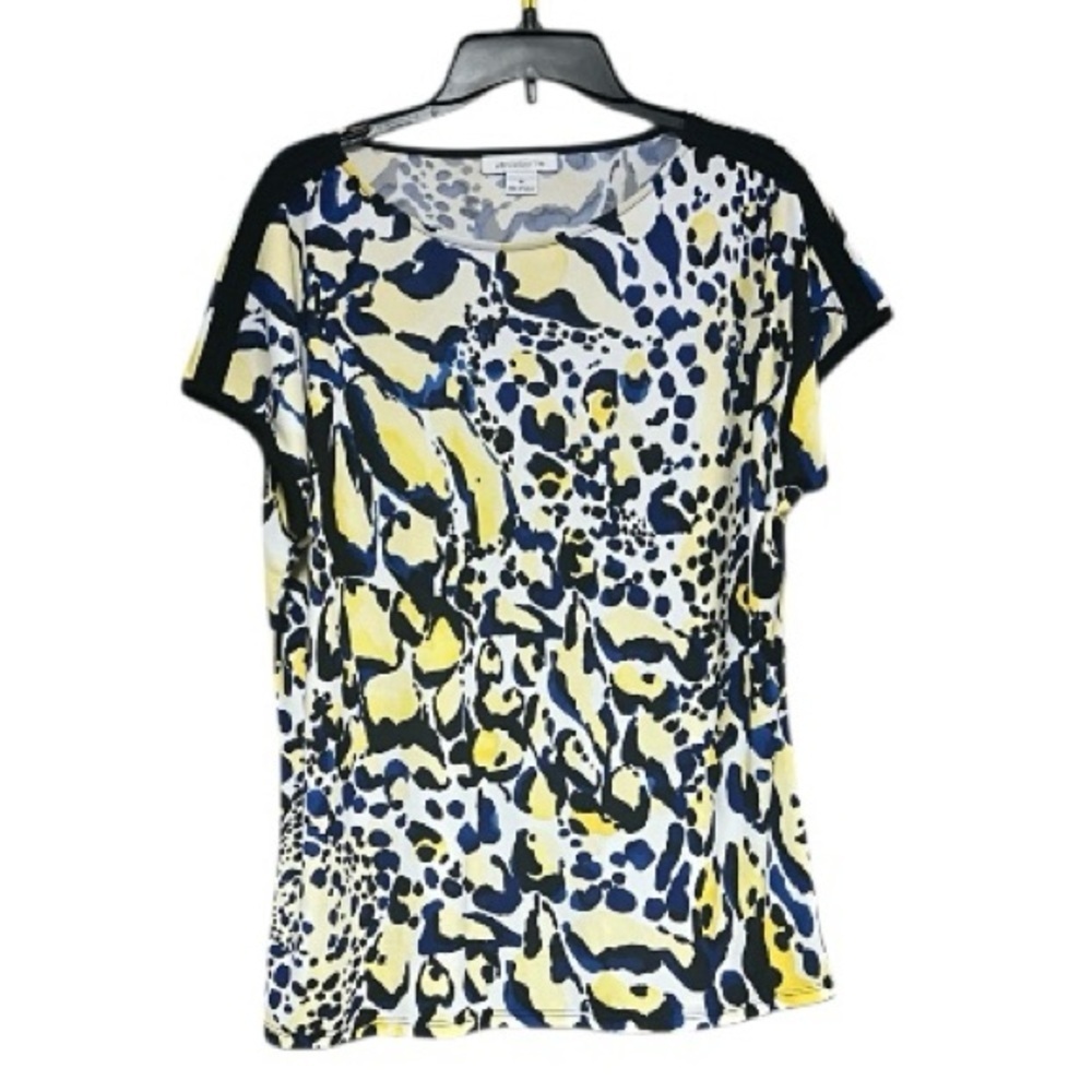 Liz Claiborne Blue and Yellow Abstract Short Sleeve Top